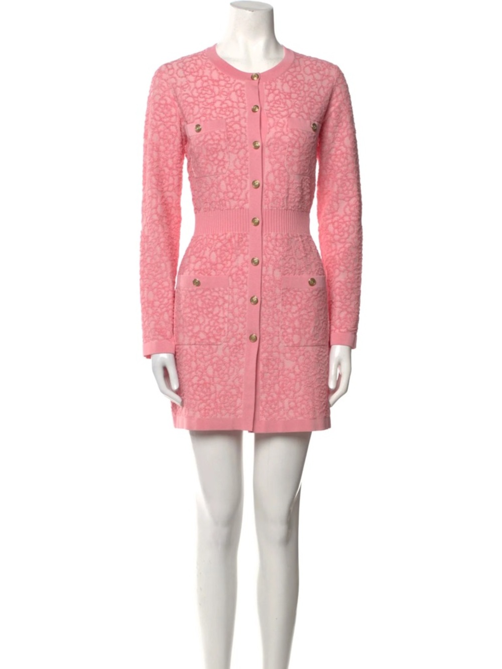 CHANEL Pink Lace-Textured Button-Front Knit Dress Cardigan - Picture 2 of 13